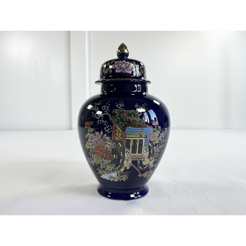 Vintage Japanese Porcelain Ginger Jar Cobalt Blue Gold Carriage Lidded Vase 8"